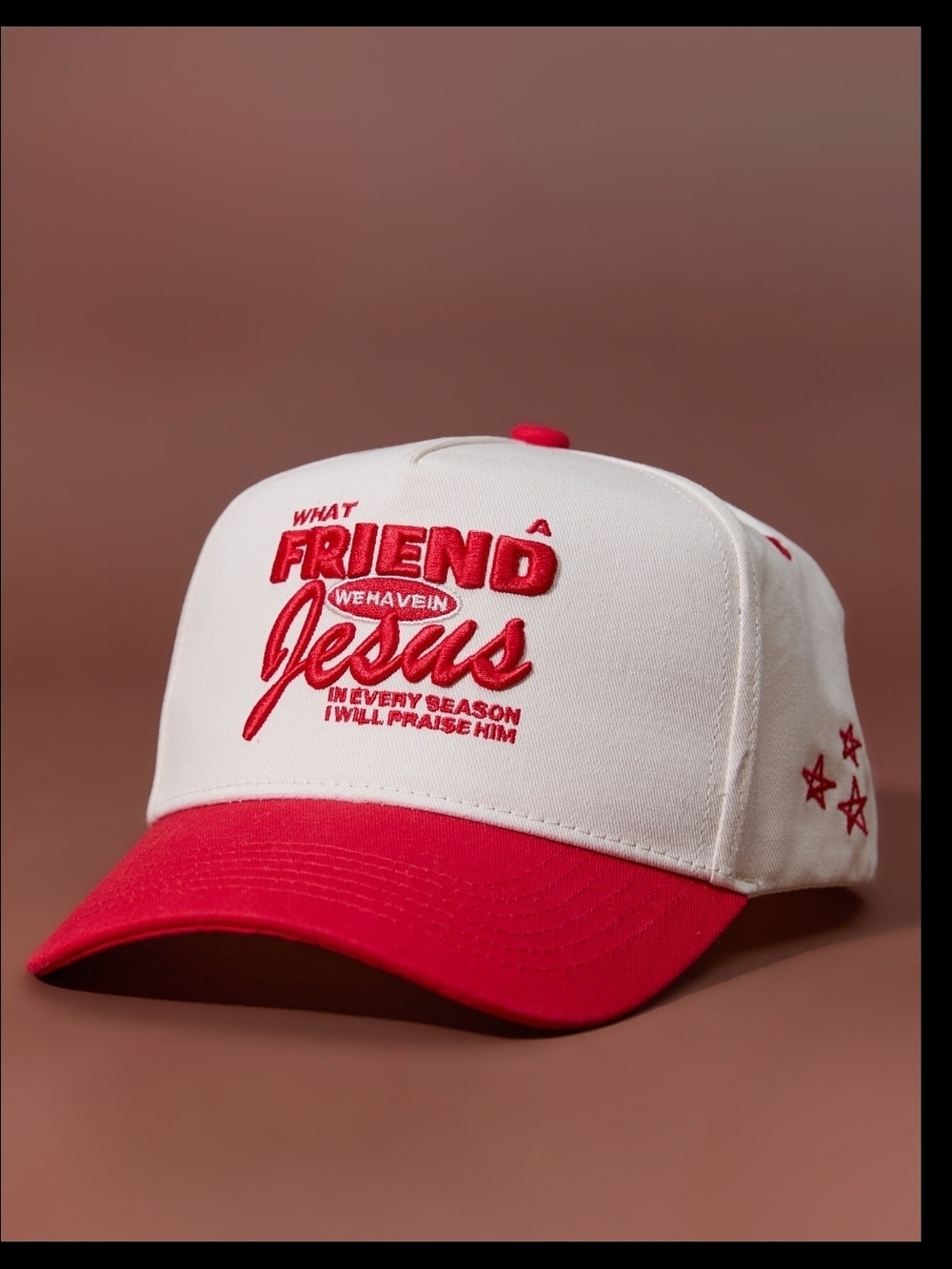 White and Red Embroidered 'Friend In Jesus' Baseball Cap